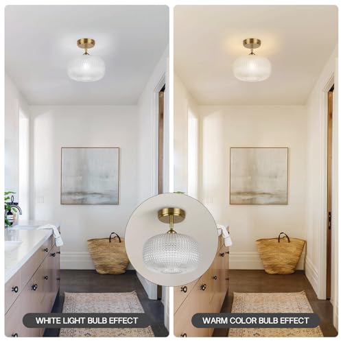 Glass Semi Flush Mount Ceiling Light Fixture, Gold Vintage Globe Lamp, Sloped Ceiling Adaptable, for Hallway, Kitchen, Bedroom, or Entryway, Modern Farmhouse Style Light for Dining Room - color: Transparent