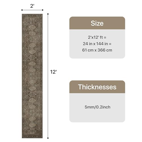 Bavni Washable Runners for Hallways 2x12, Ultra-Thin Non Slip Long Runner Rug, Print Vintage Aesthetic Carpet Runner, Low Pile Rugs for Kitchen Porch Bedroom, Brown - color: Brown, size: 2' x 12' (Rectangular)
