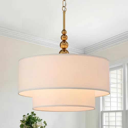 Shrine Lighting White Double Drum Chandelier, Dining Room Design, Drum Pendant Lights for Dining Room, D20'' x H10'', Adjustable Chains 55'', E12*4 Sockets, White Linen Fabric Lampshade & Gold Rod - color: Gold Rod&White Double D20''