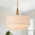 Shrine Lighting White Double Drum Chandelier, Dining Room Design, Drum Pendant Lights for Dining Room, D20'' x H10'', Adjustable Chains 55'', E12*4 Sockets, White Linen Fabric Lampshade & Gold Rod - color: Gold Rod&White Double D20''