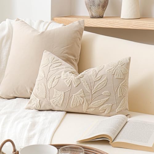 BlissBlush Decorative Lumbar Pillow Cover 12x20, Beige Neutral Accent Velvet Throw Pillowcase for Couch Sofa Living Room, Floral Tufted Rectangular Cushion, Cover Only - color: Beige Cream, size: 20" x 12" (Pack of 1)