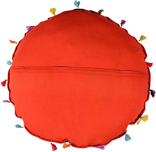 Indian Handmade Patchwork Codework Orange Round Pouf Cover Ottoman Floor Pillow Cushion Seating Throw Decorative Pom Pom Pillow Cases Boho 32 Inches, BFPC0109 - color: Orange