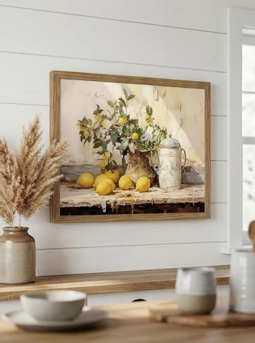 LBTZEVIR Rustic Farmhouse Wall Art Yellow Lemon Still Life Oil Painting Canvas Mustard French's Yellow Kitchen Wall Decor for Farmhouse, Dining Room & Living Room Vintage Kitchen Art Gift - color: Lemon decoration, size: 16"L x 12"W