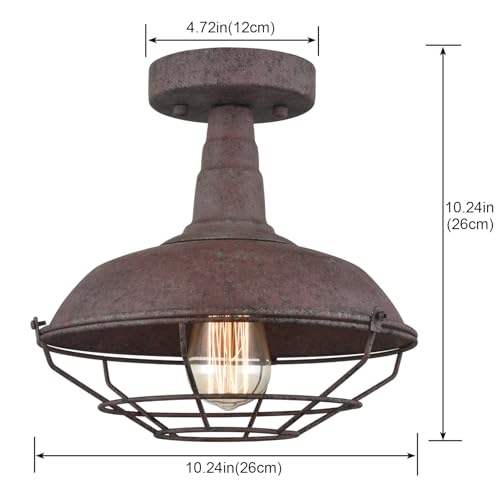 DAYCENT Rustic Semi Flush Mount Ceiling Light Barn Style Light Fixture Farmhouse Metal Cage Ceiling Light 1-Light Industrial Wire Caged Flush Mount Light Rust Finish for Hallway Foyer Kitchen - color: Hard-wired Ceiling