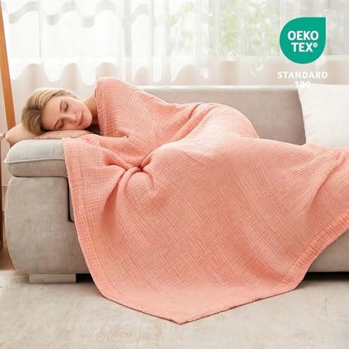 EMME Cotton Throw Blanket for Couch Soft Muslin Blankets 50"x60" Lightweight Breathable Blanket All Season Gauze Blanket, Pink - color: Pink, size: Throw (50" X 60")