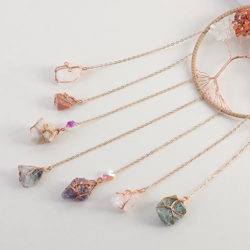 7 Chakra Wind Chimes Raw Stone Tree of Life Dream Catchers Hanging Ornament Natural Crystal Wind Chime for Home Garden Decoration(Gold) - color: Gold