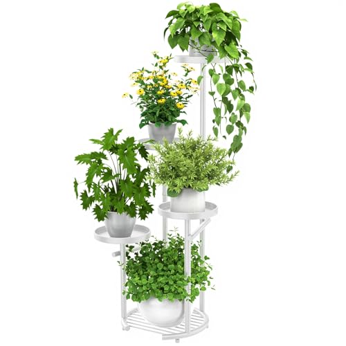 TOSKING 5-Tier Metal Plant Stand, Anti-Tip Round Base for Pots, Child & Pet Friendly, Space Saving Corner Shelf Flower Pot for Indoor Outdoor Use, Living Room Balcony Patio Garden (White, 38in) - color: White, size: 5tier Rd Base