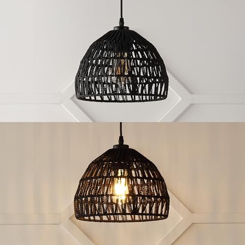JONATHAN Y 10.25" Black Modern Bohemian Woven Rope LED Pendant Light Fixture, Adjustable Dome Ceiling Lamp for Kitchen Island, Rope Shade, Coastal Farmhouse Decor (JYL6513B) - color: Black, size: 10.25"