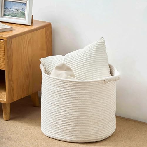 Blanket Basket (16" Dx14 H) - Round Woven Rope Storage for Living Room Throws, Pillows & Laundry- White - color: White, size: 16" X 16" X 14"