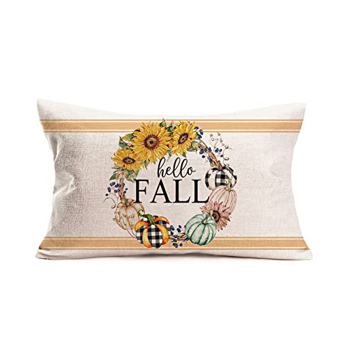Hello Fall Pumpkin Pillow Covers 12x20 Inch Autumn Harvest Sunflowers Buffalo Check Orange Pumpkin Throw Lumbar Pillow Cover Thanksgiving Day Farmhouse Decorations Cushion Case - color: Hello Fall Pumpkin Sunflower