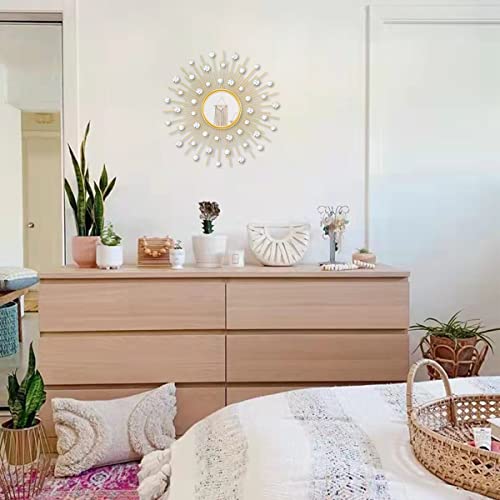 Gold Sunburst Mirror for Wall Decor Metal Sun Wall Mirror Decorative with Crystal Diamond for Living Room Bedroom Entryway Large Circle Mid Century Modern Starburst Wall Hanging 24 Inch