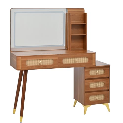 47" Rattan Vanity Table with Mirror and Lights, Brown Makeup Vanity with Storage & 5 Drawers, Boho Vanitys Desk with Shelves for Bedroom, 3 Lighting Modes, Adjustable Brightness (Walnut) - color: Walnut
