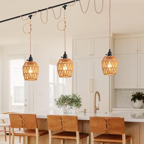 3 Light Plug in Pendant Light Rattan Hanging Lights with Switch 22FT Industrial Ceiling Light,Plug in Cord with Woven Hemp Rope Lamp Shade, Hanging Lamp Cord Farmhouse Cable DIY - color: 3 Light Style B