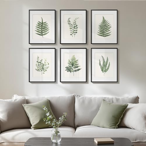 Framed Green Tropical Fern Botanical Wall Art, Set of 6 Nature Ferns Leaf Painting Prints Artwork, Plant Leaves Picture for Modern Farmhouse Living Room Bedroom Bathroom Kitchen Home Decor, 11x14 - color: Green Ferns - Black Framed, size: 11" W x 14" H x