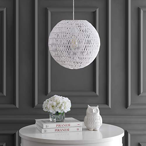 JONATHAN Y 15.7" White Modern Bohemian Woven LED Pendant Light, Adjustable Hanging Ceiling Lamp for Kitchen Island Dining Room, Paper Wicker Shade, Bulb Included JYL6503A - color: White