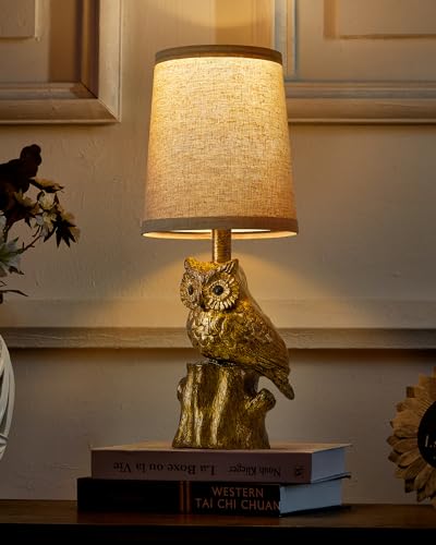 G-SAFAVA 14.25" Small Table Lamp for Living Room Farmhouse Bedside Resin Single Lamp with Gold Owl Lamp Shape for Bedroom Retro Rustic Nightstand Lamp - color: ‏‏‎ ‎Gold