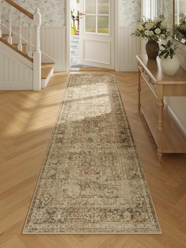 FMFUNCTEX 2x10 Runner Rug Brown Washable Vintage Neutral Distressed Non Slip Low Pile Indoor Carpet Retro Floral Hallway Entryway Rug for Kitchen Living Room Bedroom Bathroom Laundry Entry Bedside - color: Brown, size: 2' x 10' (Rectangular)