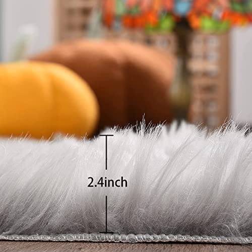ORINOVA Light Grey Furry Washable Area Rugs for Living Room Faux Sheepskin Shaggy Fur Nursery Rug for Bedroom Cute Room 2x4 Rug - color: Silver Grey, size: 2' x 4' (Sheepskin Fur)