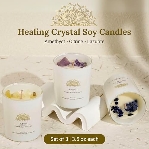 AvaConcept Healing Crystal Candle Gift Set – Set of 3 Citrine, Amethyst & Lazurite Hand-Poured Soy Wax French Vanilla, Lavender & Sea Salt Orchid Aromatherapy Scents 3.5oz Each | Premium Gift Box - size: 3.5oz, style: French Vanilla, Lavender & Sea Salt O