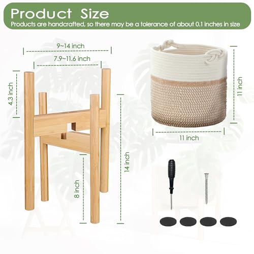 Flower Pot Rattan Plant Stand Planter with Stand, Tall Indoor Boho Woven Wicker Storage Basket with Adjustable Wood Shelf (White & Brown) - color: White & Brown