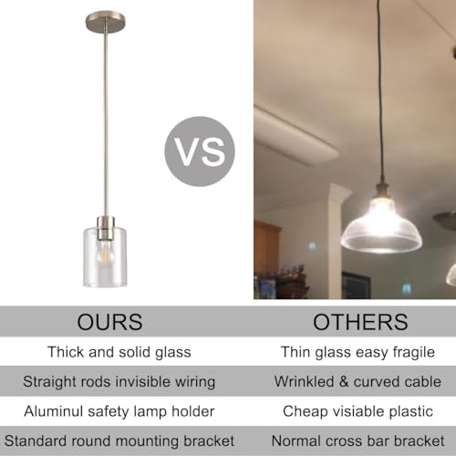 Brushed Nickel Pendant Lights Kitchen Island - Clear Glass Pendant Light Fixture Multiple Stems Rods 3 Units 12 Inch 3 Units 4 Inch (3 Pack Brushed Nickel) - color: Brushed Nickel