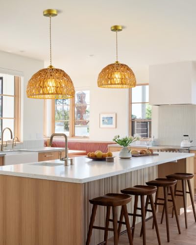 Rattan Pendant Light Fixtures, 11.6” Boho Woven Basket Pendant Light, Handmade Wicker Hanging Lamp, Rustic Wicker Chandelier for Kitchen Island, Dining Room, Living Room, Bedroom, E26 Base - color: 11.61″-Round