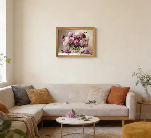 Framed Pink Peony Flower Wall Art, Oil Painting Style Floral Botanical Canvas Print Poster, Flowers Wall Decor for Living Room Bedroom, Rustic Home Decoration, - color: Peony flowers, size: 24"L x 16"W