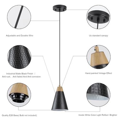 Dijiahua Black Kitchen Pendant Lighting Over Island 3 Pack,Small Modern Farmhouse Chandeliers with Hammered Metal Cone Shade,Mini Industrial Adjustable Cord Hanging Ceiling Lamp Fixtures Over Sink - color: Black and Wood