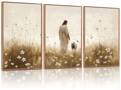 KAIRNE Jesus Framed Canvas Wall Art,Lost Sheep Wall Decor Set of 3(16”X24”),Holy Christian Art Print,Religious Scripture Pictures,Bible Renaissance Wall Painting for Living Room,Bedroom,Church Decor - color: Jesus & Sheep(medium), size: 16"Lx24"W