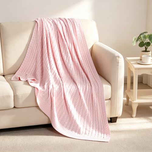 NTBAY 100% Pure Cotton Cable Knit Throw Blanket, Super Soft Warm 51x67 Knitted Throw Blanket for Couch, Sofa, Chair, Bed - Extra Cozy, Machine Washable, Comfortable Home Decor, Baby Pink - color: Baby Pink, size: Throw(51"x67")