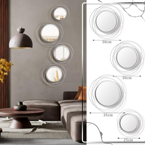 Hicarer 4 Pcs Decorative Wall Mirror Round Modern Mirror Circle Mirror Wall Art Ring Metal Mirror Wall Decor Wall Mounted Mirror for Bedroom Living Room Entryway Dining Room Hallway (Silver) - color: Silver