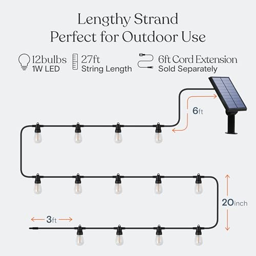 Brightech Ambience Pro Solar Powered Outdoor String Lights -27 ft Commercial Grade Waterproof Edison Patio Lights, Shatterproof LED String Lights for Outside, Porch - 12 Bulbs, 1W Soft White - color: Bright, size: 27 Feet