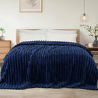 Exclusivo Mezcla Queen Size Flannel Fleece Blanket, Super Soft Striped Jacquard Bed Blanket, Lightweight Fuzzy Cozy for All Seasons, 90x90 Inches, Navy Blue - color: Navy Blue, size: Queen ( 90x90 IN )