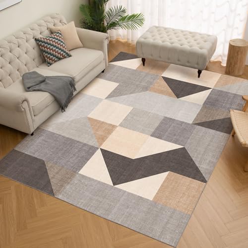 HOMFINE Washable Modern Area Rug - Geometric Style 5x7 Rugs for Living Room, Bedroom, Machine Washable Rug Soft Non Slip Non Shedding Area Rug - Grey Brown, 5'x7' - color: Grey/Brown, size: 5' x 6' (Rectangular)
