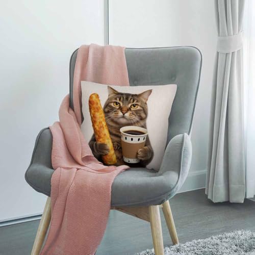 HGOD DESIGNS Funny Cat Throw Pillow Cover,The Cat is Holding A Cup of Black Coffee and A Baguette Decorative Couch Sofa Bedroom Burlap Pillow Cases for Men/Women Room 18x18 Inch - color: Color A03
