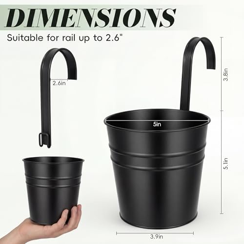 HowRU Hanging Flower Pots, Railing Planter Box for Outdoor Plants 12 Pack 5 Inch Metal Hanging Planters with Detachable Hooks Balcony Window Fence Garden Decoration Flower Boxes (Black) - color: Black