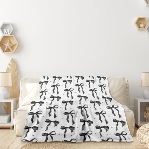 Black Bow Blankets for Women Girls Cute Bow Halloween Throw Blanket Coquette Aesthetic Room Decor Large Trendy Preppy Blanket Couch Sofa Soft Warm Bed Blankets for Women Girls Gifts 70"x80" - color: Black and White Bow Blankets, size: 70"W X80"L(178X203CM