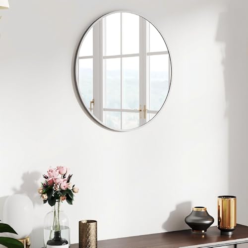 SCWF-GZ 20" Round Mirror Circle Wall Mounted Hanging or Against Wall Metal Frame Dressing Make-up Mirrors for Entryway Bedroom Bathroom Living Room 20 inch Silver - color: Silver, size: 20"L x 20"W