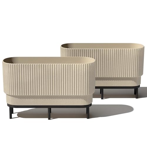 Veradek Demi Series Raised Long Planter for Indoor/Outdoor Use | Made from Plastic & Stone w/Wooden Stand | Modern Patio Décor for Flowers/Shrubs - color: Sand/Black, size: 30 inch - 2 Pack