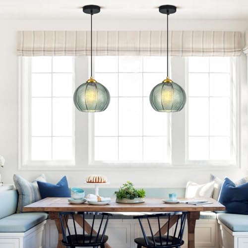 Mikeru 2-Pack Mint Glass Pendant Lights Kitchen Island Lighting Single Globe Pendant Light Fixtures Century Modern Kitchen Island Pendant Lighting for Bedroom Living Dining Room Light (Without Bulbs) - color: Mint-1 Light-2PC