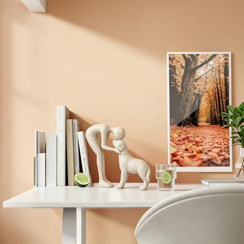 Abstract Resin Hand-Painted Sculpture of Person and Dog Bonding – Head-to-Head Intimate Figurine Decoration for Office、Living Room、Bedroom、Home， Memory Gifts for Pet Lovers (Sandstone) - color: Sandstone