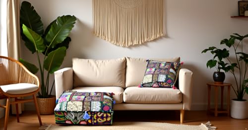 CRAFT KALA Indian Square Patchwork Traditional Pouf Cover Indian Living Room Poufs Decorative Embroidered Designer Ottoman Home Footstool Chair Cover Decor Pillow Cover 18x18x5 inches, Dark Green - color: Dark Green, size: 18"D x 18"W x 5"H