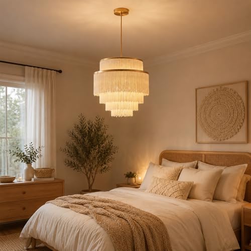 5-Tiered Boho Chandelier with Metal and Fringe,3 Lights Fringe Pendant Light Fixture,Tassle Chandelier for entryway,Dining Room,Baby Nursery,Gold and Light Beige - color: Light Yellow-Pendant