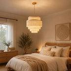 5-Tiered Boho Chandelier with Metal and Fringe,3 Lights Fringe Pendant Light Fixture,Tassle Chandelier for entryway,Dining Room,Baby Nursery,Gold and Light Beige - color: Light Yellow-Pendant