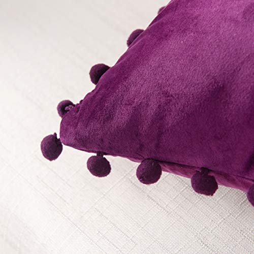 Elegant Comfort POM-POMS Fringe Velvet Cushion Covers Set of 2, Velvet Soft Solid Decorative Square Throw Pillow Covers Set Cushion Case for Couch Bed, Livingroom 18 x 18 Inch (45 x 45 cm), Purple - color: Eggplant/Purple, size: 18" x 18" (Pack of 2)