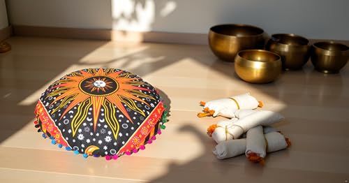 CRAFT KALA Boho Large Floor Pillow Pouf Cover Mandala Meditation Room Pillow Cover for Adults Round Bohemian Seating Pouf Cushion Cover for Kids Playroom 22" Orange Burning Sun - color: Orange, size: 22" x 22" (Pack of 1)