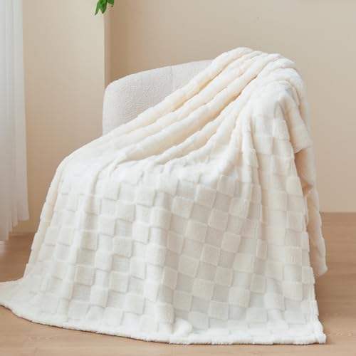 NEWCOSPLAY Super Soft Twin Blanket Ivory Premium Silky Flannel Fleece 3D Checkered Lightweight Bed Blanket All Season Use (Ivory Checkered, Twin(60"x80")) - color: Ivory Checkered, size: Twin(60"x80")