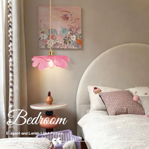 Pink Glass Pendant Lights Fixtures Flower Hanging Ceiling Light Girls Room Mid Century Pendant lamp Gold Chandelier for Kitchen Island Dining Room Foyer Cafe - color: Pink, Hardwired, size: Hardwired