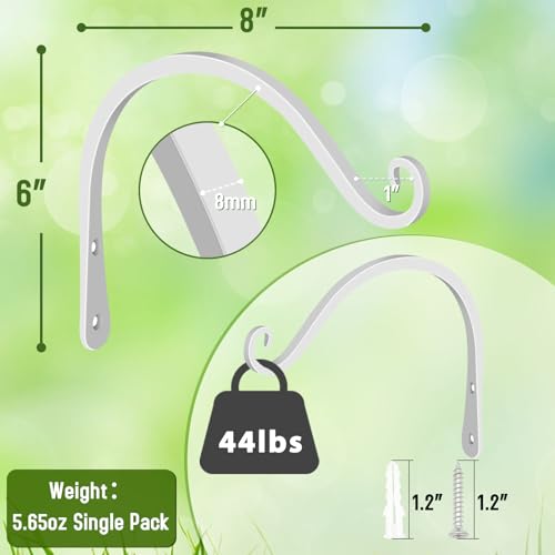 FEED GARDEN Heavy Duty Plant Hooks - 2 Pack 8 Inch Wall Mounted Hanging Brackets, 44lb Capacity Steel Plant Hangers for Bird Feeders, Baskets, Wind Chimes -White - color: White, size: 8 Inch