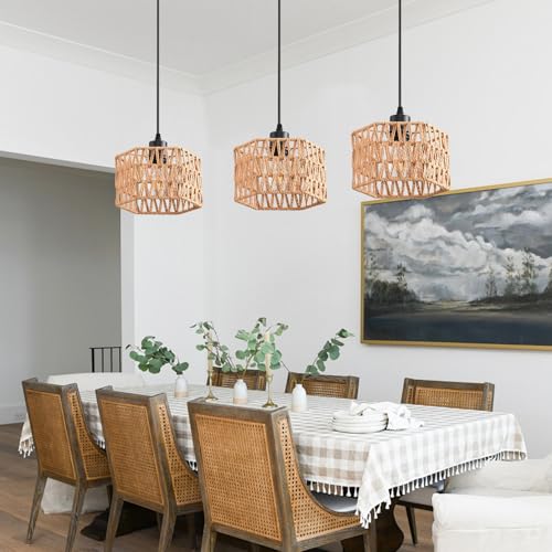 Woven Pendant Light Boho Chandelier, Rattan Pendant Lights Kitchen Island, Farmhouse Pendant Lighting with Hand Woven Wicker Shade, Boho Chandelier Light Fixtures Ceiling Hanging Light - color: Hexagon 3 Packs